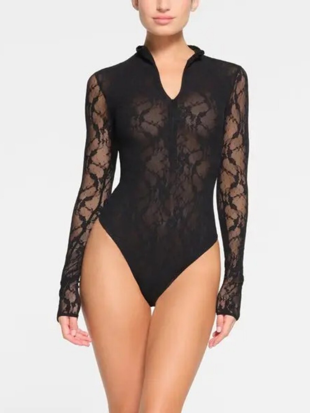 NWT $98 SKIMS Zip Front Stretch Lace Lined Long Sleeve Thong Bodysuit Medium